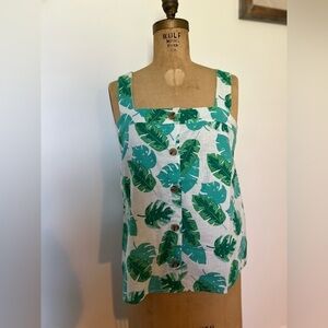 J.Crew linen blend sleeveless top with leaf print, buttons on front size XS